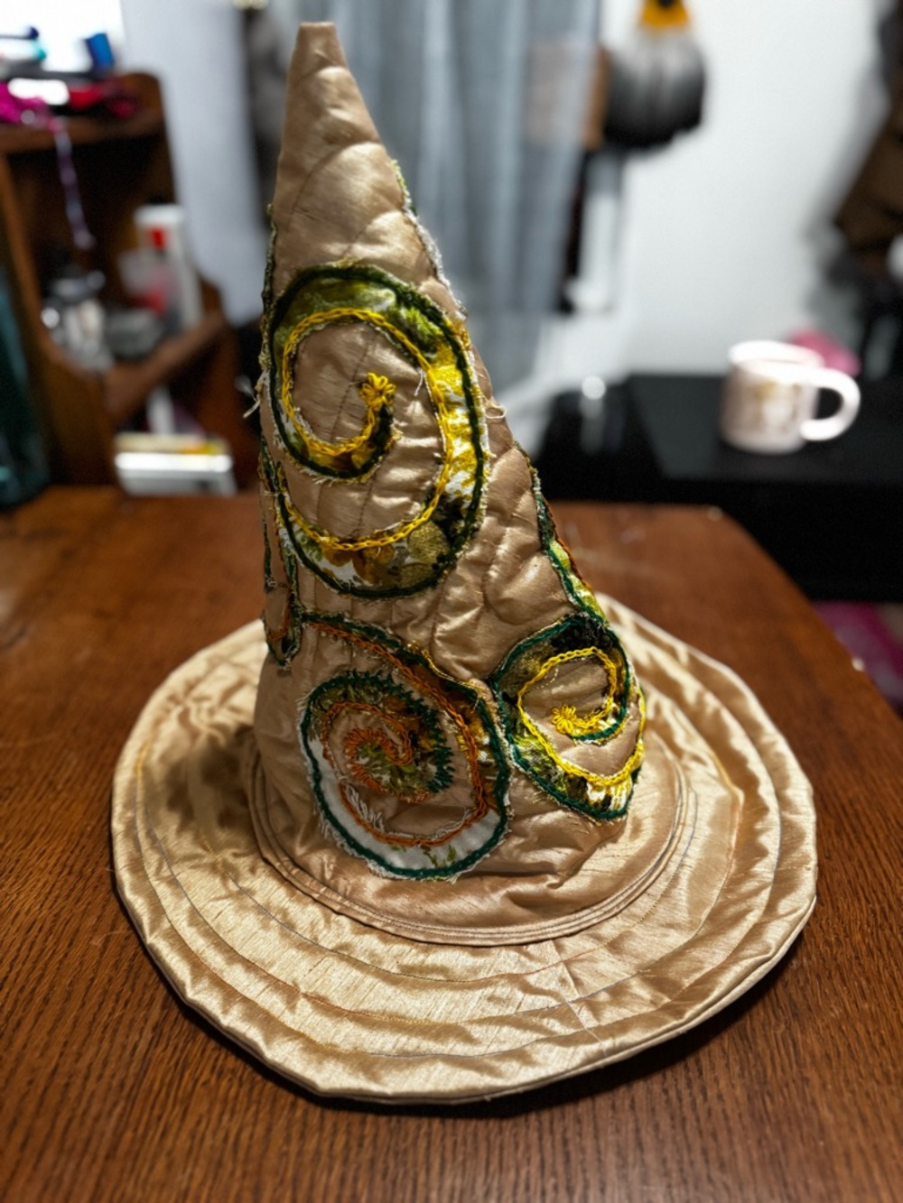 Embroidered Gold Wizard Witch Hat with Green & Yellow Swirls
